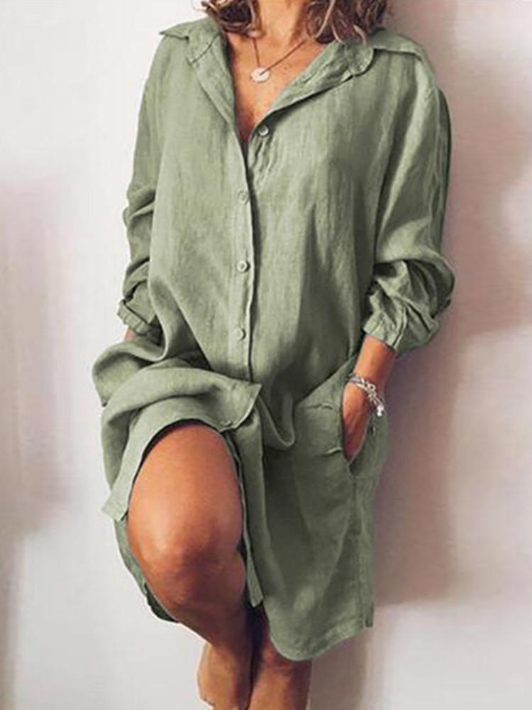 Solid Loose Pocket Button Shirt Dress