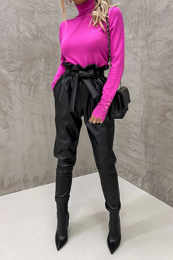 The Dash Petal Waist Pocketed Faux Leather Pants