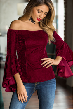 DarkRed Off Shoulder Velvet Flare Sleeve Top - Landing Closet