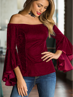 DarkRed Off Shoulder Velvet Flare Sleeve Top - Landing Closet