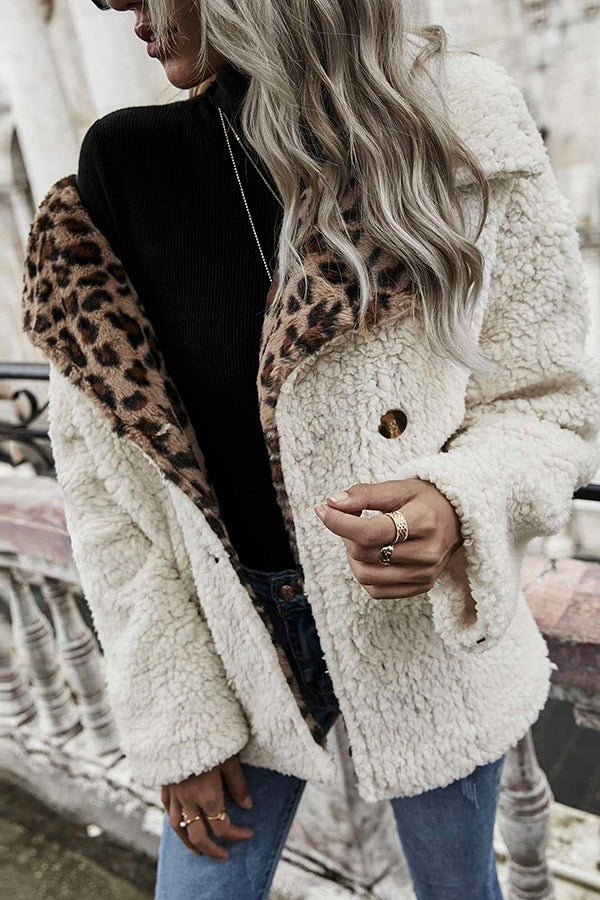 Oaklynn Leopard Print Double Button Teddy Coat