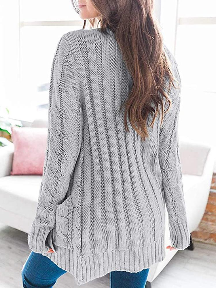 Loose Cable Button Solid Sweater Cardigan with Pockets