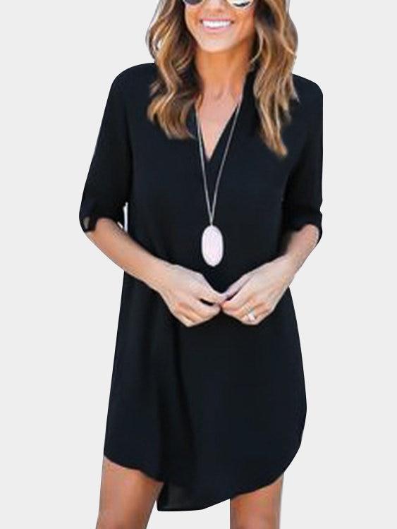 Navy V-neck Long Sleeves Irregular hem Chiffon Dress