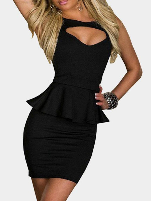 Black Cut Out Flounce Peplum High-waist Sleeveless Sexy Party Dress - Landing Closet