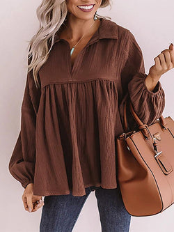 Lapel  V-neck Lantern Sleeve Pleated Blouse