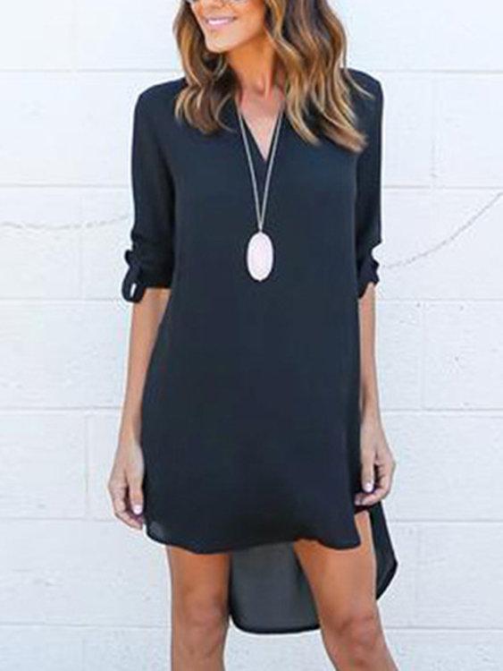 Navy V-neck Long Sleeves Irregular hem Chiffon Dress