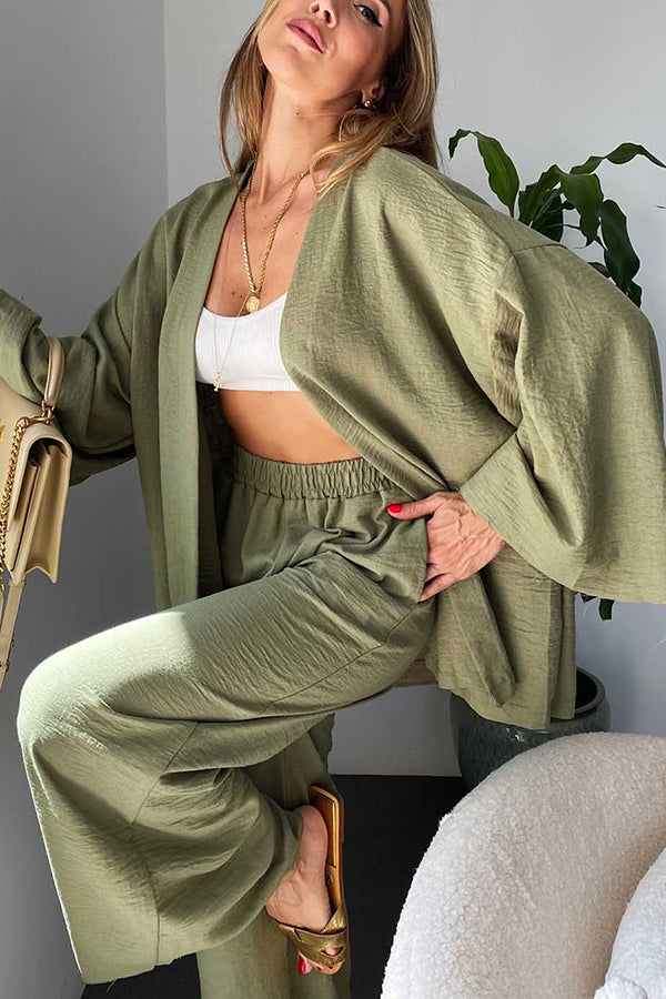 Solid Wide Leg Kimono Suit