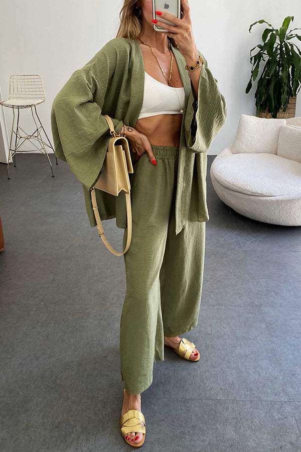 Solid Wide Leg Kimono Suit