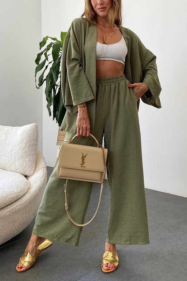 Solid Wide Leg Kimono Suit