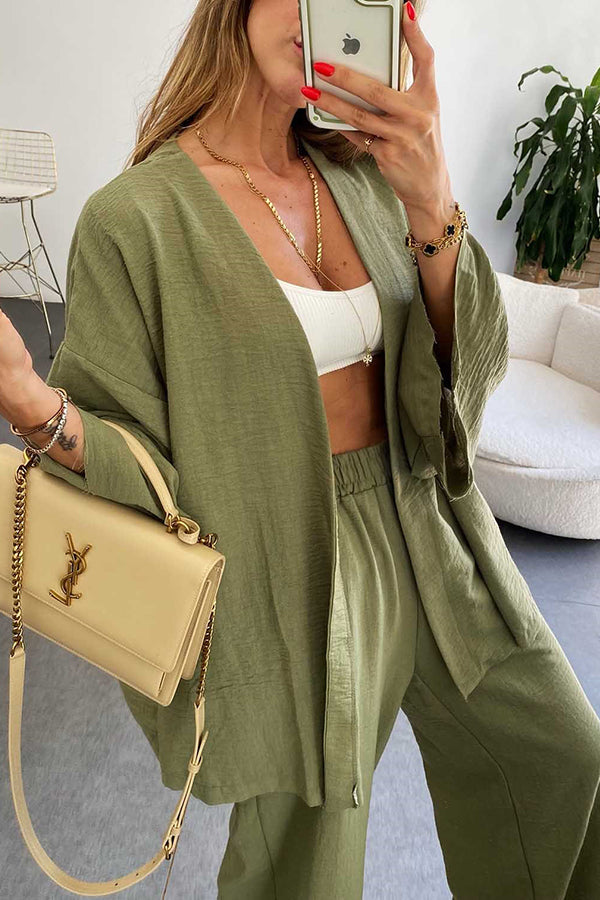 Solid Wide Leg Kimono Suit