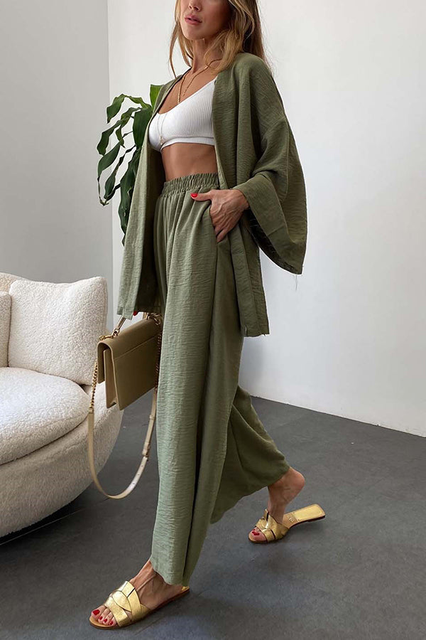 Solid Wide Leg Kimono Suit