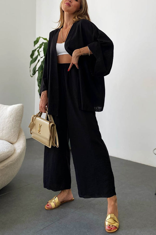 Solid Wide Leg Kimono Suit