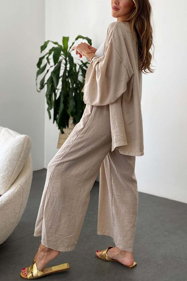 Solid Wide Leg Kimono Suit