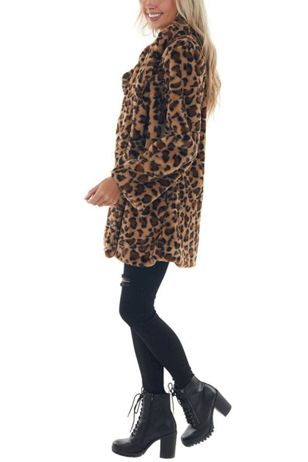 Serene Snowfall Pocketed Leopard Plush Coat