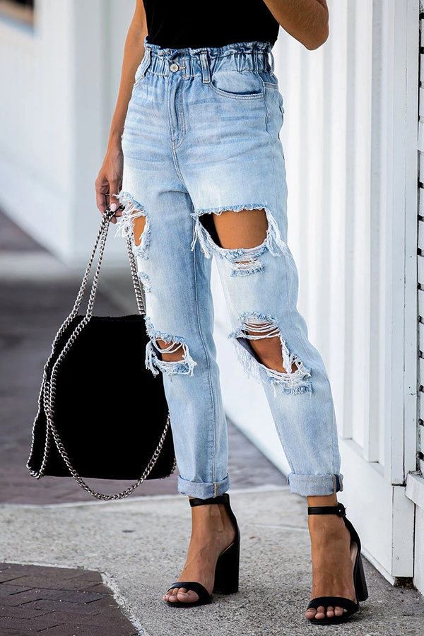 Kristen Paperbag Waist Distressed Mom Jeans