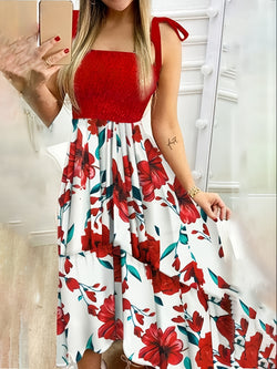 Floral Print Asymmetrical Color Block Spaghetti Strap Maxi Dress