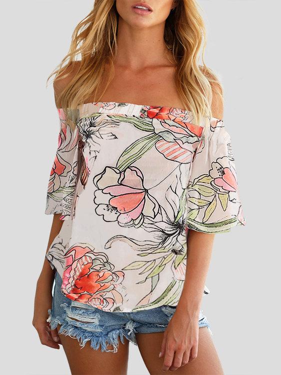 Floral Off Shoulder Blouse Irregular Hem - Landing Closet