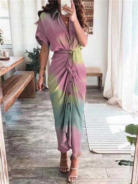 Short Sleeve Collar Sleeve Button Down Maxi Dress