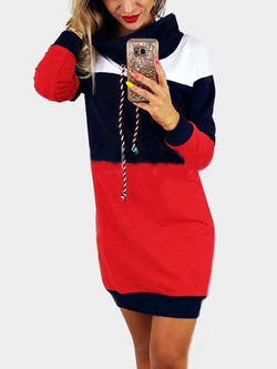 Navy Polo Neck With Drawstring Stitching Design Pullover Dress - Landing Closet