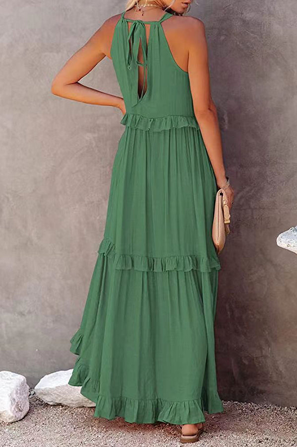 Vittoria Shirred Ruffle Tiered Maxi Halter Dress