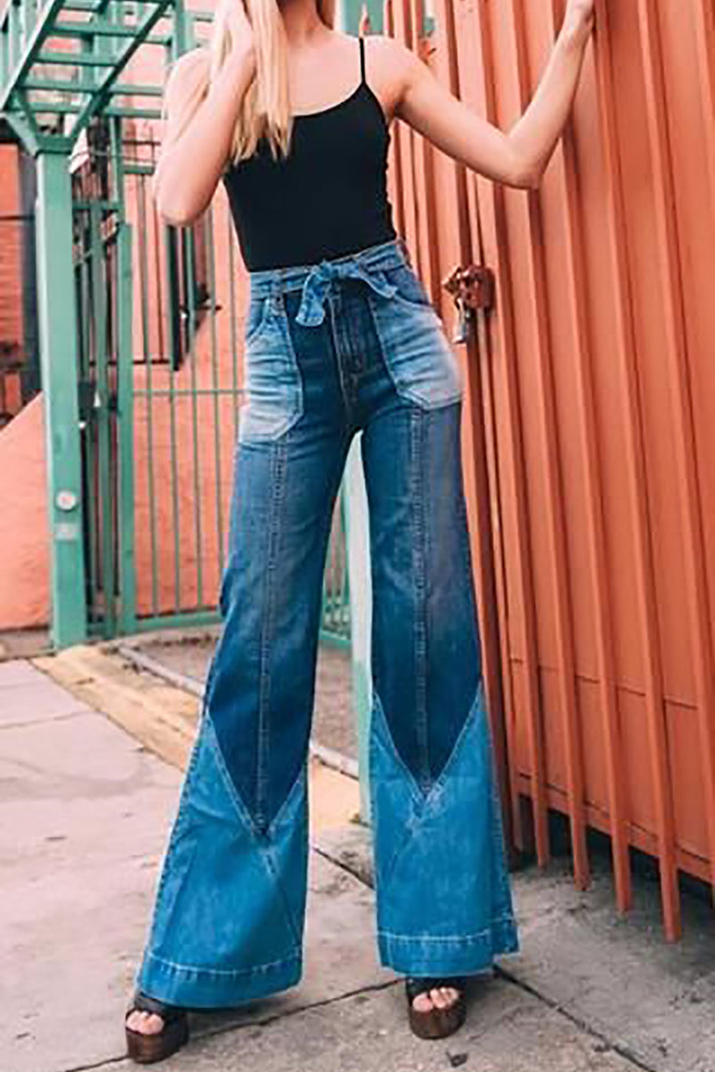 70S Color Block Belted Bell Jeans