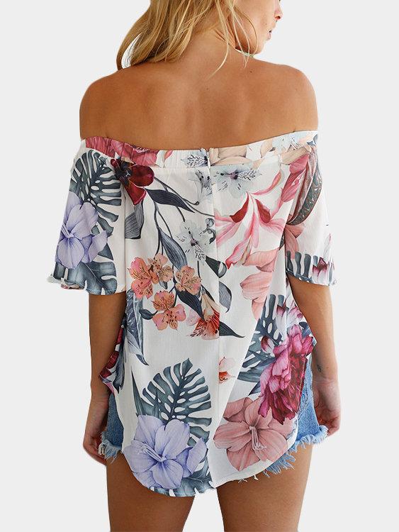 Floral Off Shoulder Blouse Irregular Hem - Landing Closet