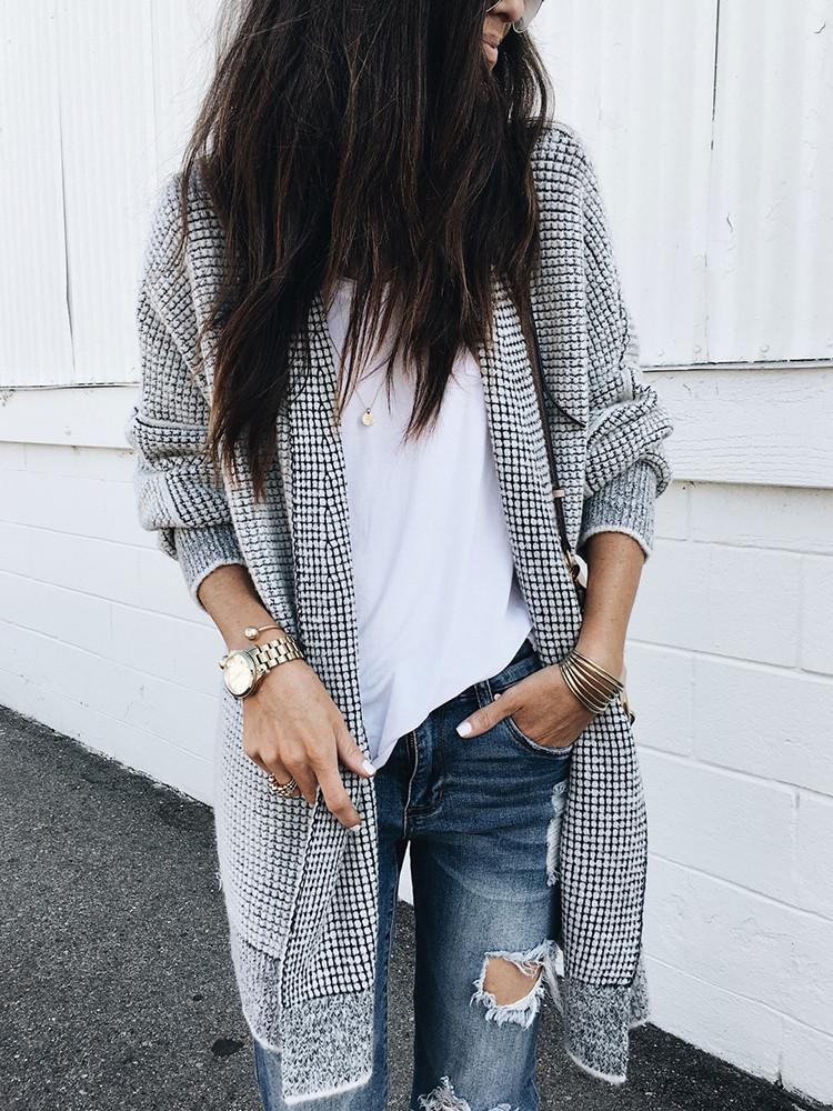 Loose Mid-length Plaid Cardigan