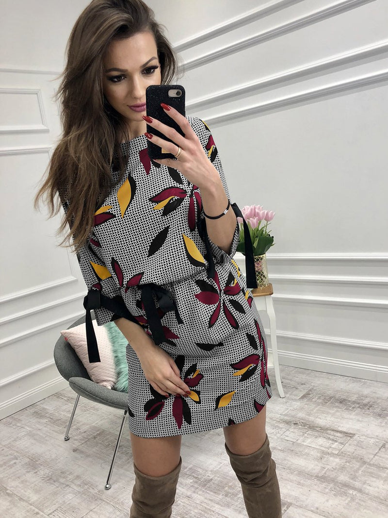 Floral Printed Round Neck Long Sleeves Midi Dress