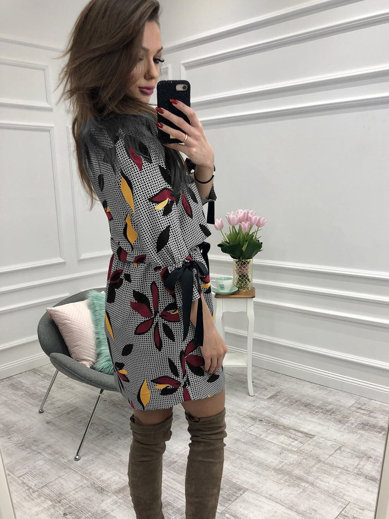 Floral Printed Round Neck Long Sleeves Midi Dress