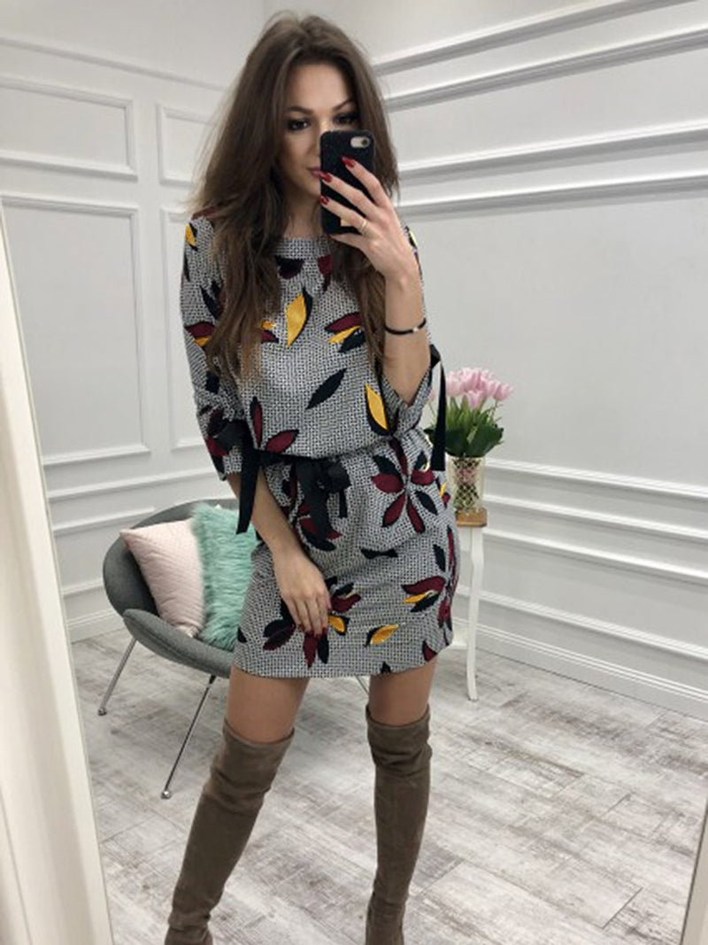 Floral Printed Round Neck Long Sleeves Midi Dress