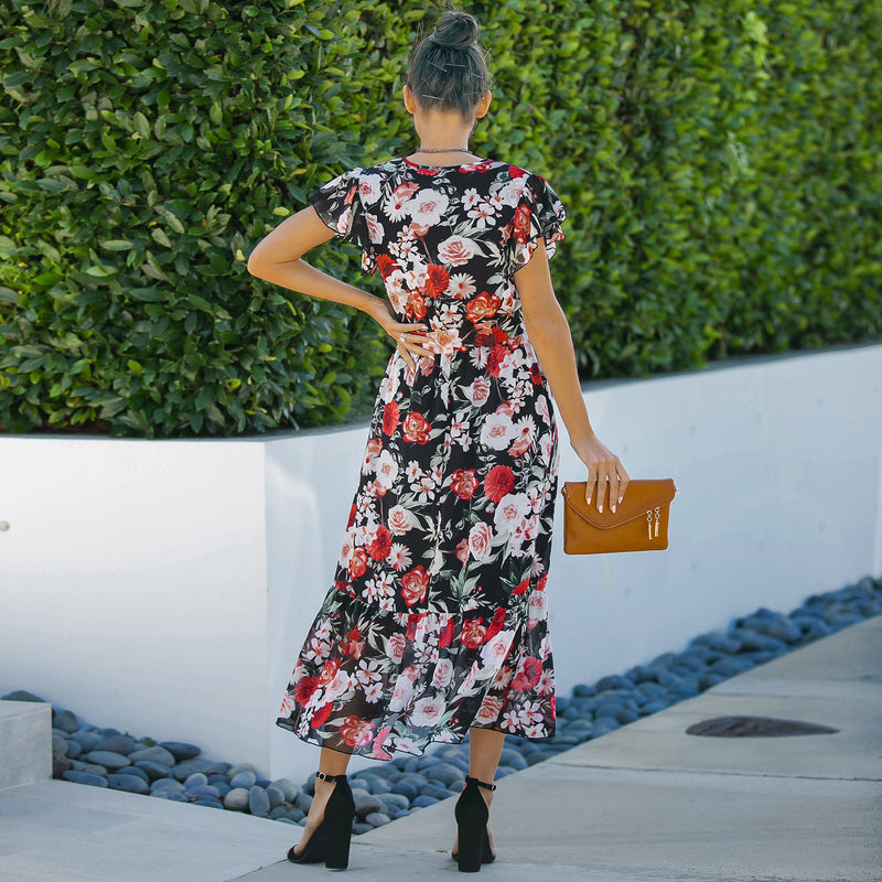 Cap Sleeve V Neck Loose Floral Maxi Dress