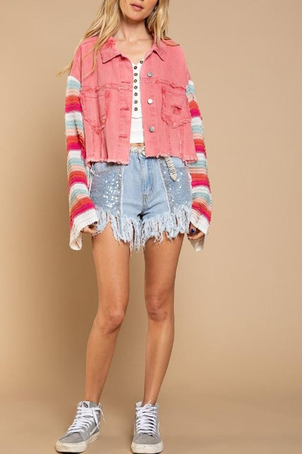 Crochet Sleeve Denim Crop Jacket