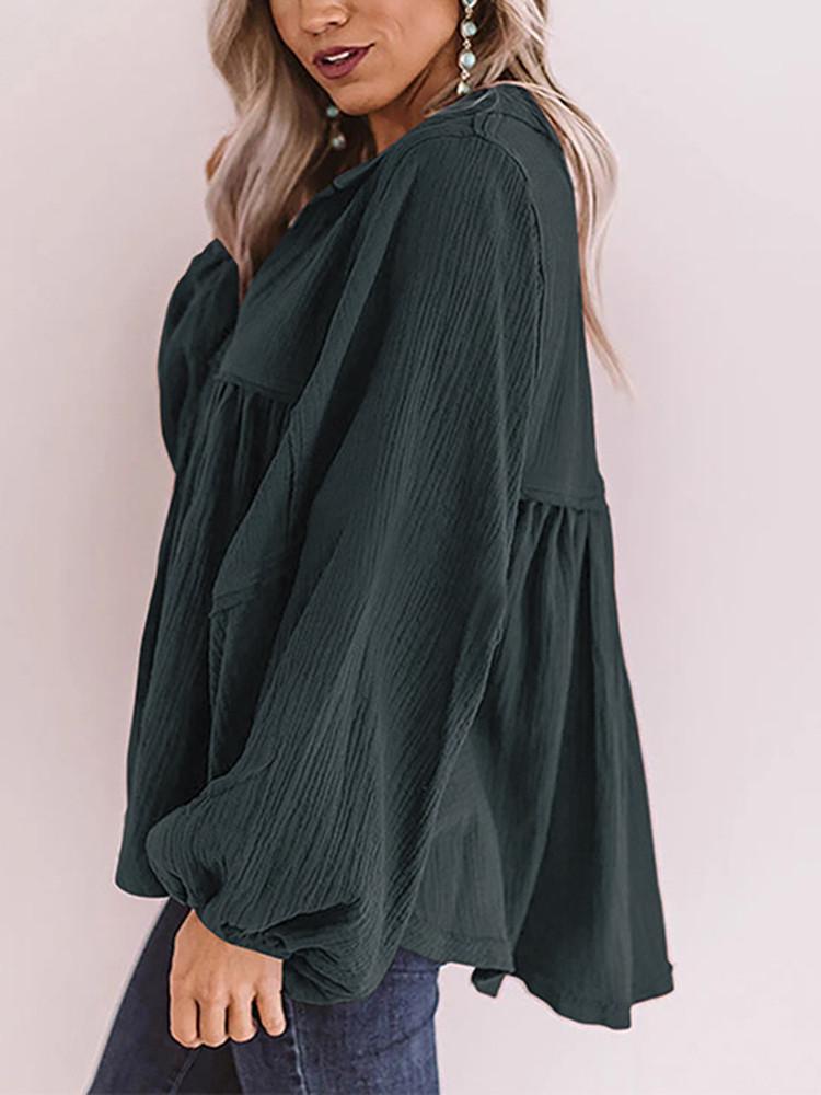 Lapel  V-neck Lantern Sleeve Pleated Blouse