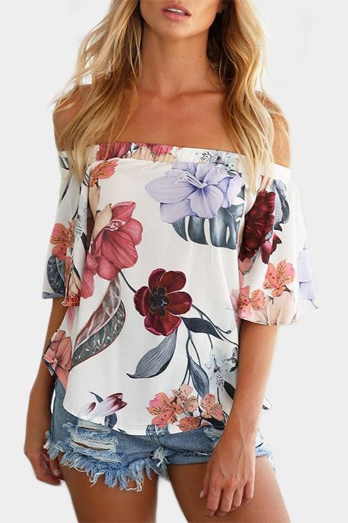 Floral Off Shoulder Blouse Irregular Hem - Landing Closet