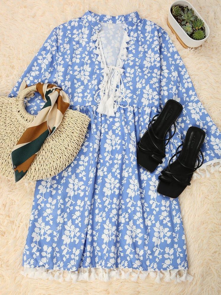 Chic Blue Printed V-Neck Loose Tassel Dress-