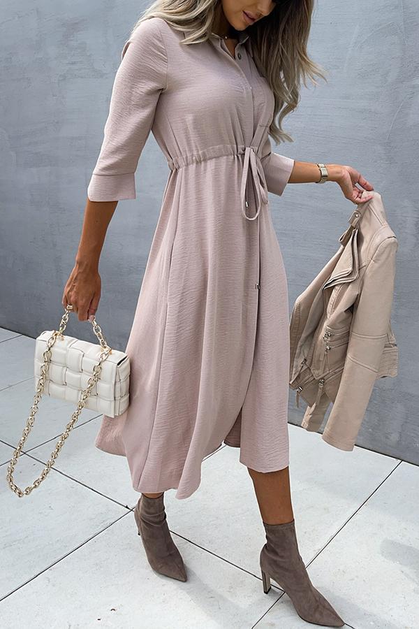 Drawstring Waist Button Midi Dress