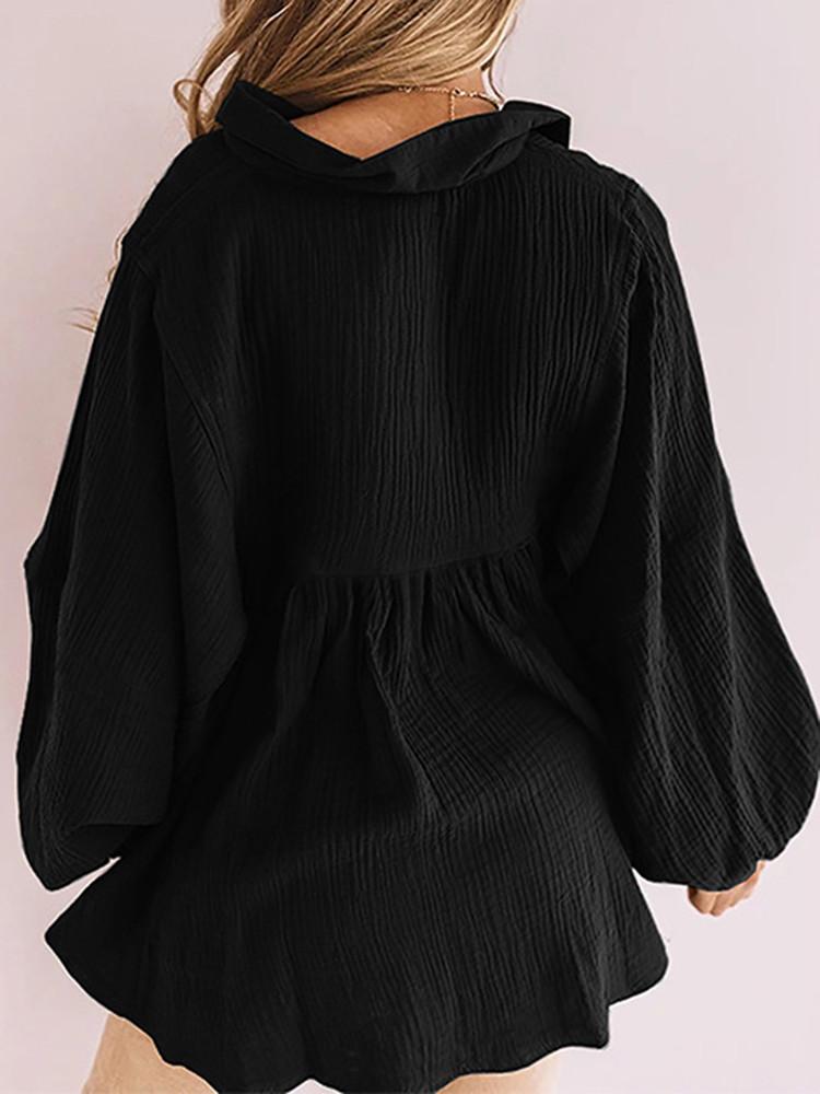 Lapel  V-neck Lantern Sleeve Pleated Blouse