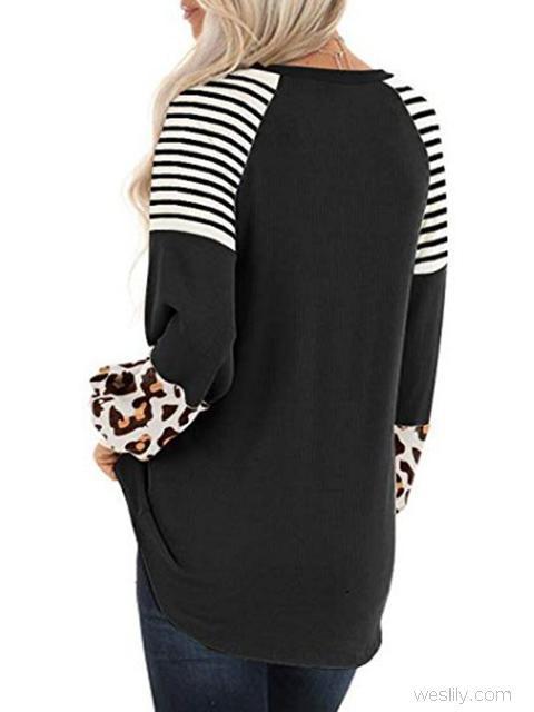 Leopard Print Striped Stitching T-shirt