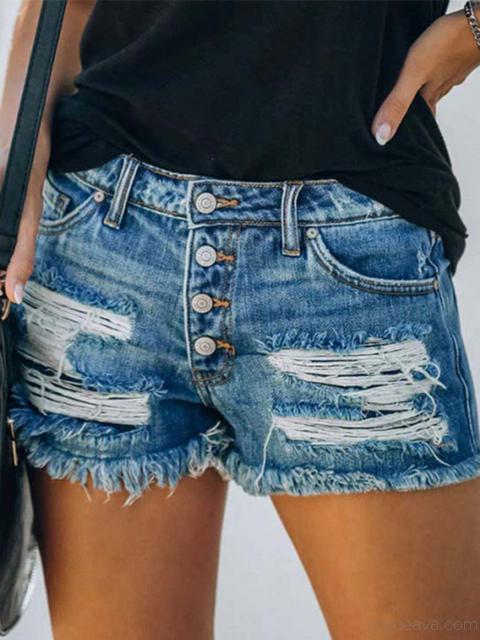 Paw Printed Hole Tassel Denim Shorts