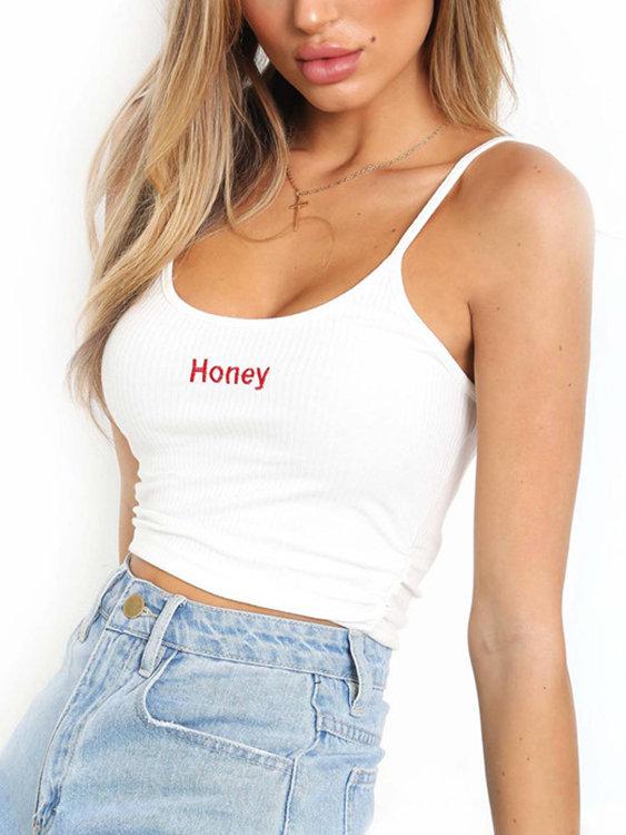 Adjustable Shoulder Straps Letter Round Neck Sleeveless Crop Top - Landing Closet