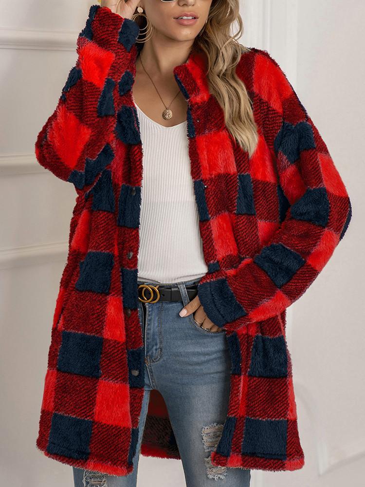 Plush Plaid Lapel Button Loose Coat