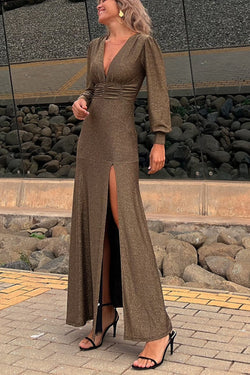 Perfect Curve Metallic Smocked Slit Maxi Dress