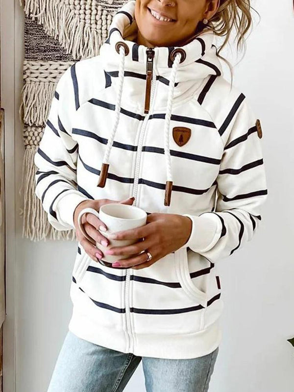 Pocket Striped Turtleneck Drawstring Coat