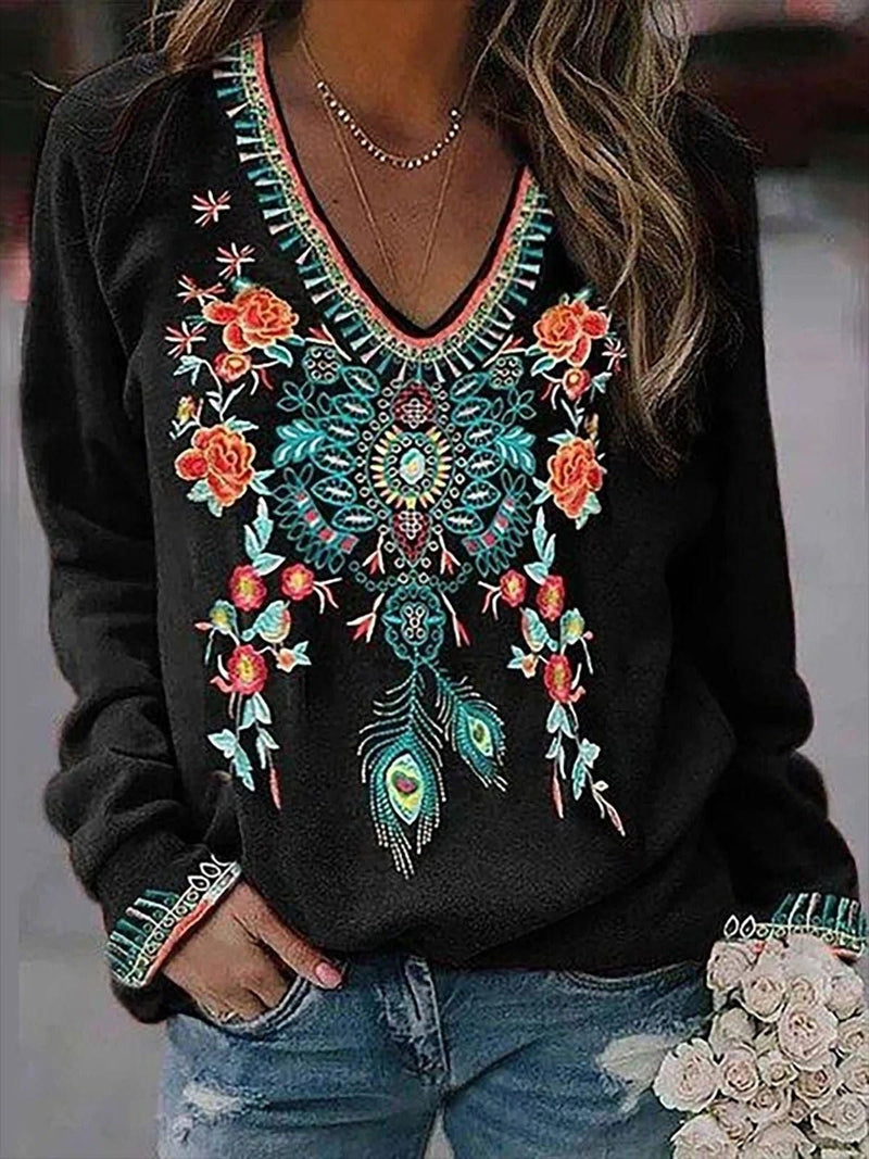 Women's T-Shirts Floral Print V-Neck Long Sleeve T-Shirt