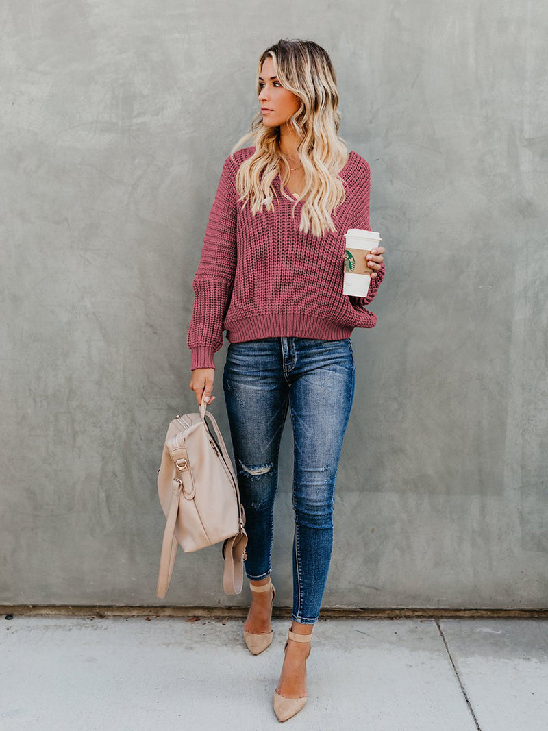 Loose Long Sleeve Knit V-neck Sweater