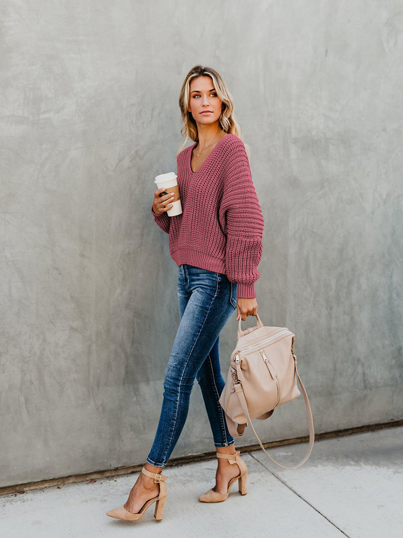 Loose Long Sleeve Knit V-neck Sweater