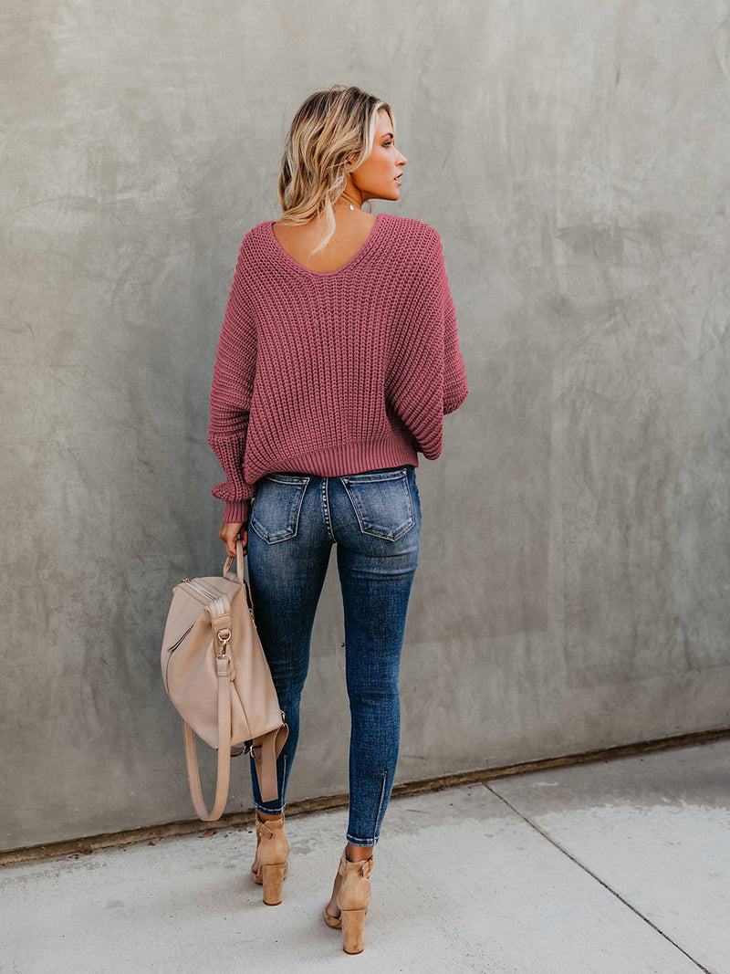 IndianRed Loose Long Sleeve Knit V-neck Sweater