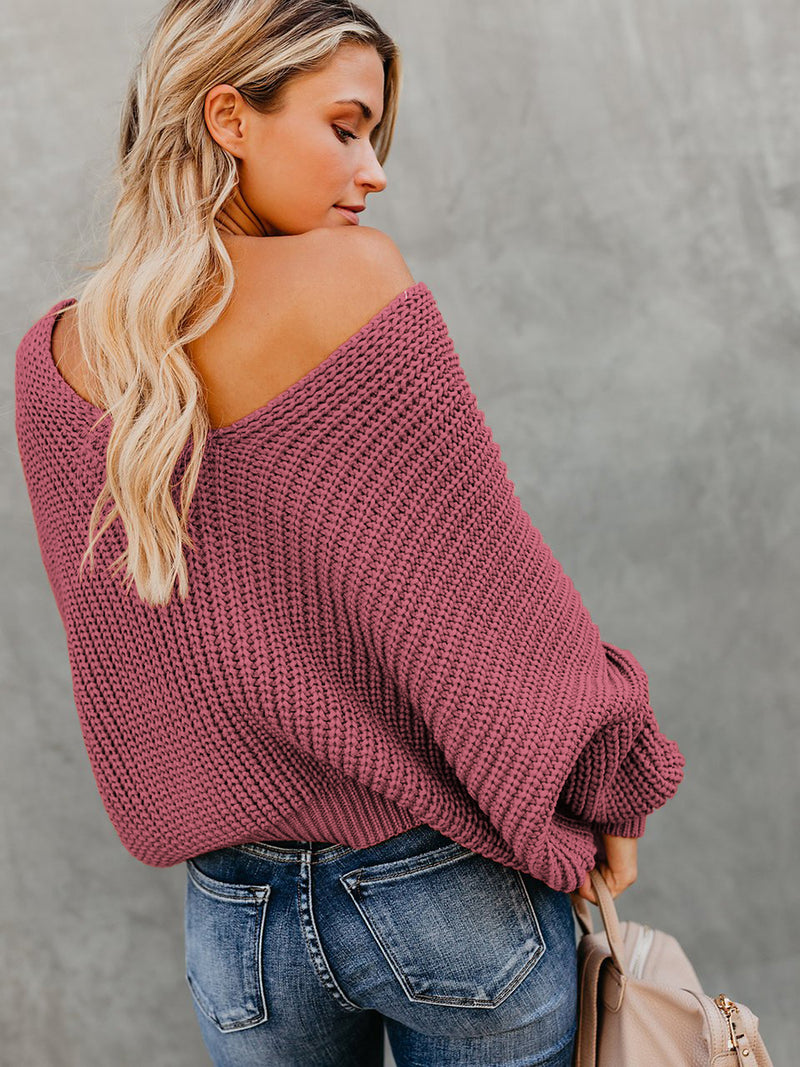 IndianRed Loose Long Sleeve Knit V-neck Sweater