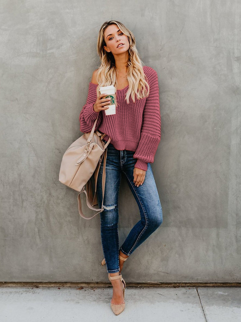 Loose Long Sleeve Knit V-neck Sweater