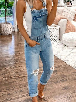 Casual Plain Denim Ripped Jumpsuit